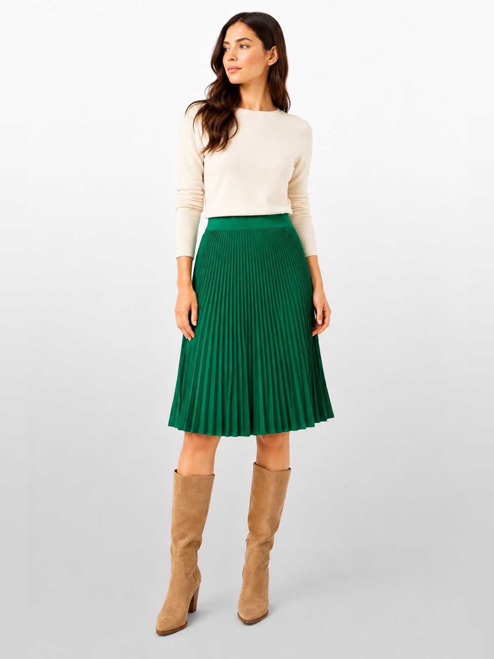 Ann Taylor Petite Green Sweater Knit Pleated Midi Skirt SP